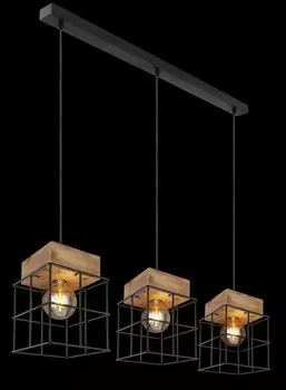 Подвесной светильник Globo Lighting черный металл, коричневый цвет дерева, черный металл, кабель черный текстильный, клетки из армирующей стальной сетки, ДхШхВ: 950х200х1290мм, без 3x E27 60Вт 230В.