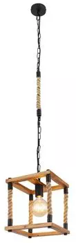 Подвесной светильник Globo Lighting, черный металл, натуральное дерево, коричневая пенька, черный ПВХ-кабель, регулируется по высоте, ДхШхВ: 250x250x1200 мм, без 1x E27 60Вт 230В.