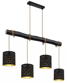 Подвесной светильник Globo Lighting, черный металл, черное дерево, черный текстиль, золотой цвет, коричневый текстильный кабель, регулируемый по высоте, кабель для обмотки, ДxШxВ: 850x150x1500 мм, без 4x E27 40 Вт 230 В.