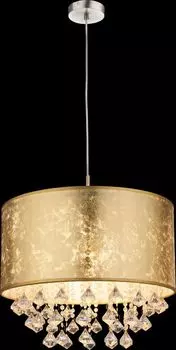 Подвесной светильник Globo Lighting из легкого металла, матовый никель, золотистая ткань, прозрачные пластиковые кристаллы, прозрачный кабель из ПВХ, вкл. подвеску, : 400 мм, В: 1400 мм, без 1x E27 60 Вт, 230 В., серебро