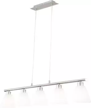 Подвесной светильник Globo Lighting из металла, матовый никель, стекло, белый, высоту можно укорачивать, ДхШхВ: 930x130x1200 мм, без 5x E14 40Вт 230В., серебро