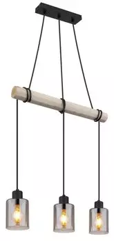Подвесной светильник Globo Lighting металл черный матовый, цвет натурального дерева, дымчатое стекло, кабель для обмотки, ДхШхВ: 500х100х1400мм, без 3x E27 40Вт 230В.