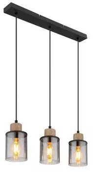 Подвесной светильник Globo Lighting, металл черный матовый, дерево темно-коричневое, стекло дымчатое, кабель ПВХ черный, высоту можно укоротить, ДхШхВ: 550x100x1200 мм, без 3x E27 15Вт 230В.