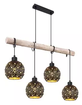 Подвесной светильник Globo Lighting металл черный матовый, цвет натурального дерева, металл черный матовый, кристаллы K9 прозрачные, кабель ПВХ черный, плафоны внутри золотые, плафоны для обертывания, ДxШxВ: 850x180x1200 мм, без 4x E27 40Вт 230В...