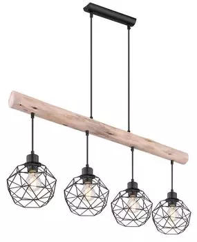 Подвесной светильник Globo Lighting металл черный матовый, цвет натурального дерева, металл черный матовый, кабель ПВХ черный, металлическая решетка - плафоны, ДхШхВ: 850x180x1200мм, без 4x E27 60Вт 230В.