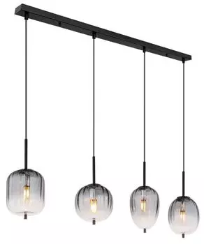 Подвесной светильник Globo Lighting металлический черный матовый, стекло дымчатое, прозрачное, кабель ПВХ черный, ДxШxВ: 1100x185x1200 мм, диаметр стекла: 1 x 15,8 см, 16,4 см, 16,5 см, 18,5 см каждый, кроме 4x E14 40 Вт 230 В.