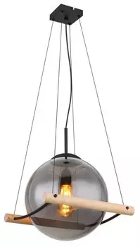 Подвесной светильник Globo Lighting металлический черный матовый, цвет натурального дерева, дымчатое стекло, кабель ПВХ черный, регулируемый по высоте, ДxШxВ: 335x350x1200 мм, без 1x E27 15 Вт 230 В.