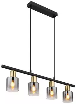 Подвесной светильник Globo Lighting металлический черный матовый, металл золотистый матовый, стекло дымчатое, прозрачное, кабель ПВХ черный, высоту можно укоротить, ДxШxВ: 650x80x1200 мм, без 4x E14 25 Вт 230 В.