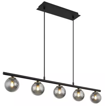 Подвесной светильник Globo Lighting металлический черный матовый, латунь матовая, дымчатое стекло, кабель ПВХ черный, регулируется по высоте, ДxШxВ: 900x100x1200 мм, без 5x G9 28Вт 230В.