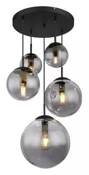 Подвесной светильник Globo Lighting металлический черный матовый, дымчатое стекло, черный кабель ПВХ, : 500 мм, В: 900 мм, диаметр стекла: 2x15 см, 1x20 см, 1x25 см, 1x30 см, без 5x E27 60 Вт 230 В, без 2x E27 ILLU. 60 Вт 230 В, серебро