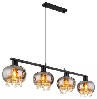 Подвесной светильник Globo Lighting металлический, черный матовый, дымчатое стекло, прозрачные стеклянные кристаллы, черный текстильный кабель, высота может быть уменьшена, ДxШxВ: 1140x210x1200 мм, без 4x светодиодов E27 9 Вт 230 В.