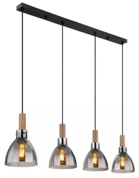 Подвесной светильник Globo Lighting металлический черный матовый, дымчатое стекло, МДФ под темное дерево, кабель ПВХ черный, высоту можно укоротить, ДxШxВ: 1050x160x1200 мм, без 4x светодиодов E27 9 Вт 230 В.