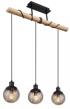Подвесной светильник Globo Lighting металлический черный матовый, цвет натурального дерева, дымчатое стекло, прозрачный пластик, кабель ПВХ черный, кабель для обматывания, ДxШxВ: 780x150x1200 мм, без 3x E27 ILLU 25W 230V.