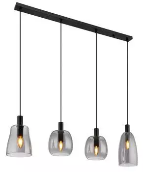 Подвесной светильник Globo Lighting металлический черный матовый, дымчатое стекло, черный ПВХ-кабель, высота может быть уменьшена, 3 разных стекла, ДхШхВ: 1070x160x1200 мм, без 4x E14 40 Вт 230 В., серебро