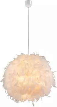Подвесной светильник Globo Lighting, пластик белого цвета, белый текстиль, прозрачный кабель ПВХ, абажур с настоящими белыми перьями, вкл. подвес, : 450 мм, В: 1200 мм, без 1x E27 40 Вт, 230 В., серебро