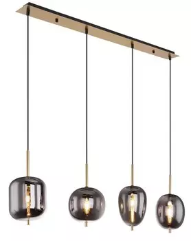 Подвесной светильник Globo Lighting, светлый металл цвета латуни, матовый, стекло, черный кабель ПВХ, высота может быть укорочена, 4 подвеса с разными стеклами, ДхШхВ: 1100х185х1200мм, без 4x E14 40Вт 230В., серебро