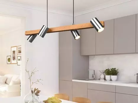 Подвесной светильник Trio MARLEY 4 пламена серебро с деревянными балками