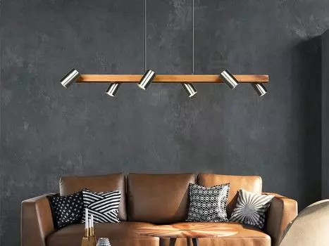 Подвесной светильник Trio MARLEY 6 пламен серебро с деревянными балками