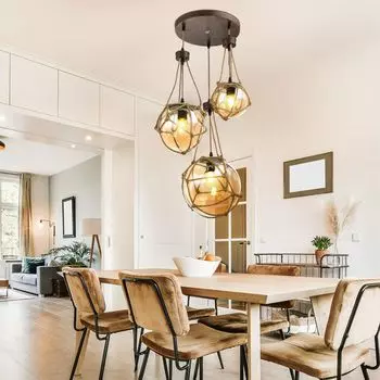 Подвесной светодиодный светильник, стеклянные шарики, коричневый, пеньковая веревка, H 140 см, TIKO etc-shop