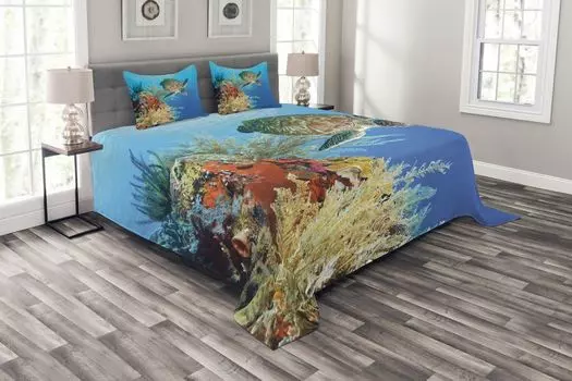 Подводное покрывало ABAKUHAUS, экзотический коралловый черепаха, комплект с моющимися наволочками, для односпальных кроватей 220 x 220 см, разноцветный