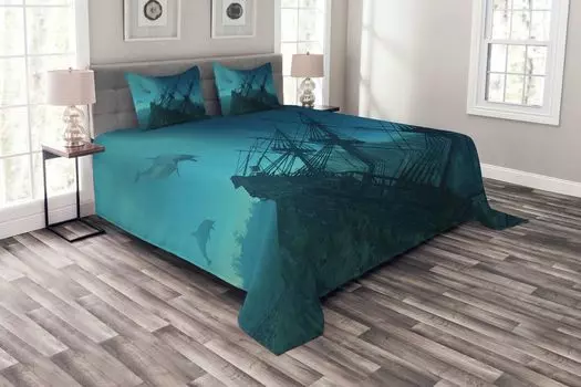 Подводное покрывало ABAKUHAUS, Корабль дельфинов Море, комплект с моющимися наволочками, для односпальных кроватей 220 x 220 см, сине-серый светло-синий