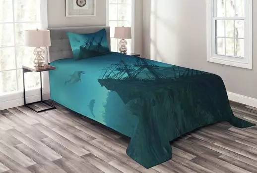 Подводное покрывало ABAKUHAUS, Корабль дельфинов Море, комплект с моющимися наволочками, для односпальных кроватей 170 x 220 см, сине-серый светло-синий