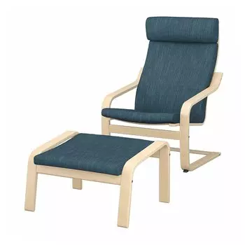 ПОЭНГ Кресло и подставка для ног, березовый шпон/Хилларед темно-синий PONG IKEA