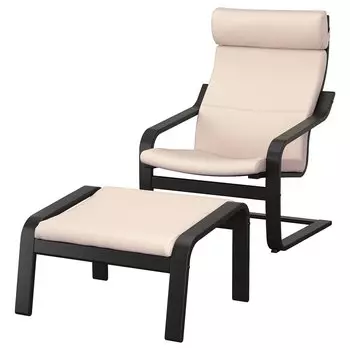 ПОЭНГ Кресло и подставка для ног, черно-коричневый/Глянец кремовый PONG IKEA