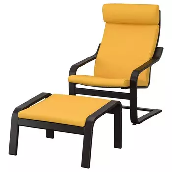 ПОЭНГ Кресло и подставка для ног, черно-коричневый/Скифтебо желтый PONG IKEA
