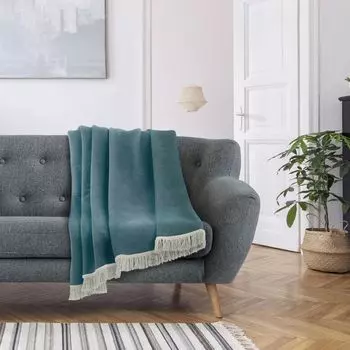 Покрывало хлопковое с бахромой 150 х 200 см, одеяло темно-синее, экрю AmeliaHome