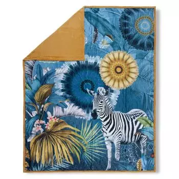 Покрывало с листьями, слоном и мандалами - 130х160 см - 100% Поливелвет Muller Textil, синий