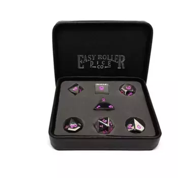 Полированное серебро с фирменным розовым шрифтом — стандартный футляр (7), Dice - Metal 7 Piece Poly Sets (Easy Roller Dice)