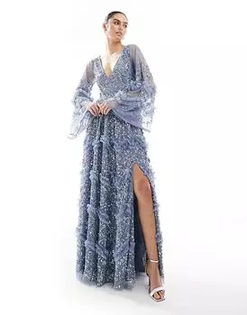 Полностью декорированное макси-платье пыльно-синего цвета Maya