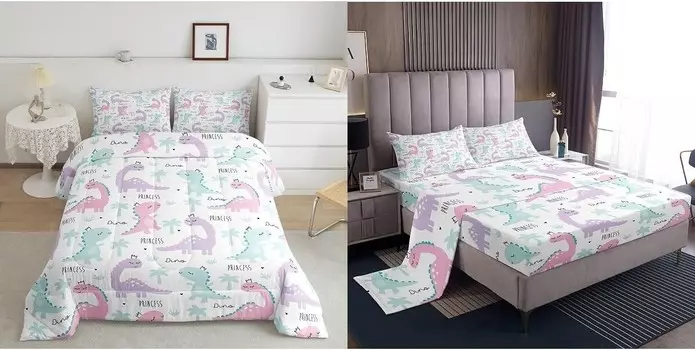 Полный комплект постельного белья Erosebridal из 7 предметов с динозавром для девочек включает в себя: комплект одеял и комплект простыней