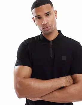 Поло BOSS Orange Passerzip с тональным логотипом облегающего кроя черного цвета