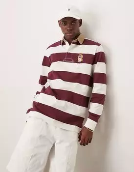 Поло для регби Polo Ralph Lauren Heritage с полосками и логотипом медведя в бордово-белом цвете