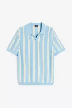 Поло H&M Regular Fit Fine-knit Cotton, светло-голубой в полоску