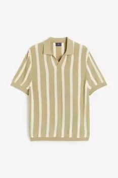 Поло H&amp;M Regular Fit Fine-knit Cotton, зелёный в полоску