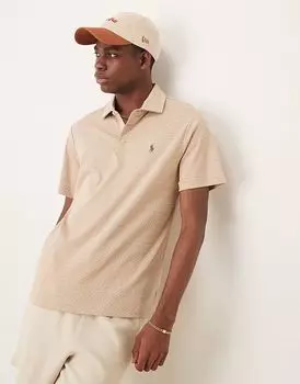 Поло из хлопка пима с принтом подковы и логотипом Polo Ralph Lauren бежевого меланжевого цвета