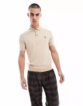 Поло из хлопкового трикотажа с логотипом Polo Ralph Lauren в бежево-меланжевом цвете