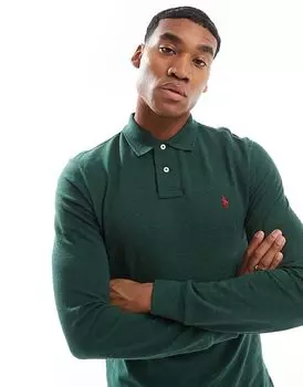 Поло из пике с логотипом icon slim fit с длинными рукавами темно-зеленого меланжевого цвета Polo Ralph Lauren