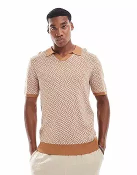 Поло из трикотажного жаккарда с геометрическим узором и воротом в каменном цвете Threadbare