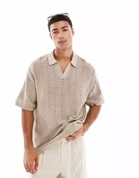 Поло Jack & Jones с разрезным воротом, связанное крючком, бежевого цвета