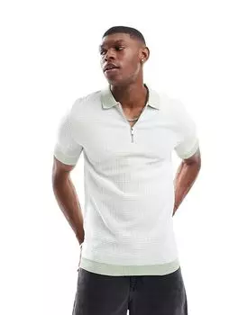 Поло Muscle Fit Zip Polo в белом и зеленом цветах River Island