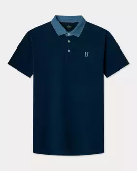 Поло мужское с коротким рукавом и джинсовым воротником, большие размеры Hackett, темно-синий