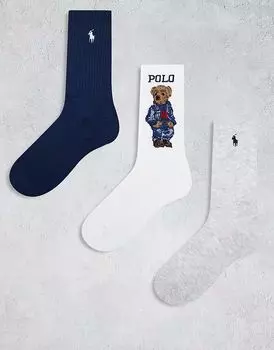 Polo Ralph Lauren, 3 пары носков с медведем и логотипом в сером, белом и темно-синем цветах