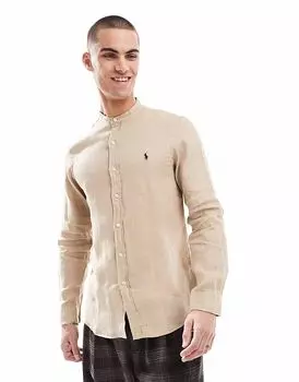 Polo Ralph Lauren - бежевая облегающая льняная рубашка с воротником-стойкой и логотипом бренда