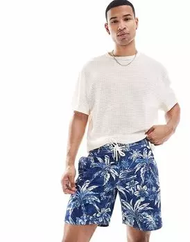 Polo Ralph Lauren - Длинные шорты для плавания в средне-голубом цвете с логотипом бренда и принтом в виде тени пальмовых островов
