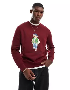 Polo Ralph Lauren — флисовая толстовка бордового цвета с принтом плюшевого мишки в студенческом стиле