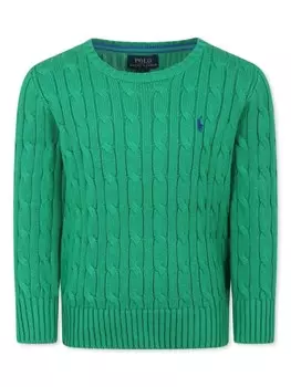 POLO RALPH LAUREN KIDS свитер из хлопка с косичной вязкой, зеленый